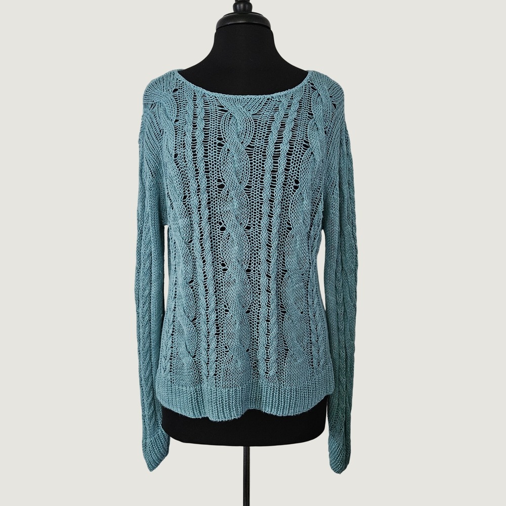 Garnet Hill Cabled Sweater Women Linen Cotton Crewneck Open Knit Coastal